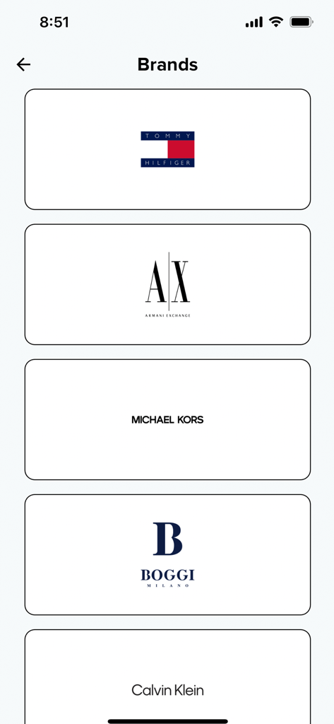 Lista de marcas no aplicativo The One Card Loyalty Club mostrando Tommy Hilfiger, Armani Exchange e Michael Kors.