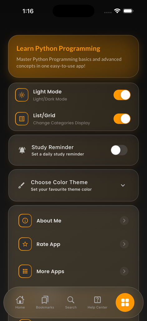 Settings screen of the Learn Python Programming Pro app showing customization options like Light Mode, study reminders, and color themes.
