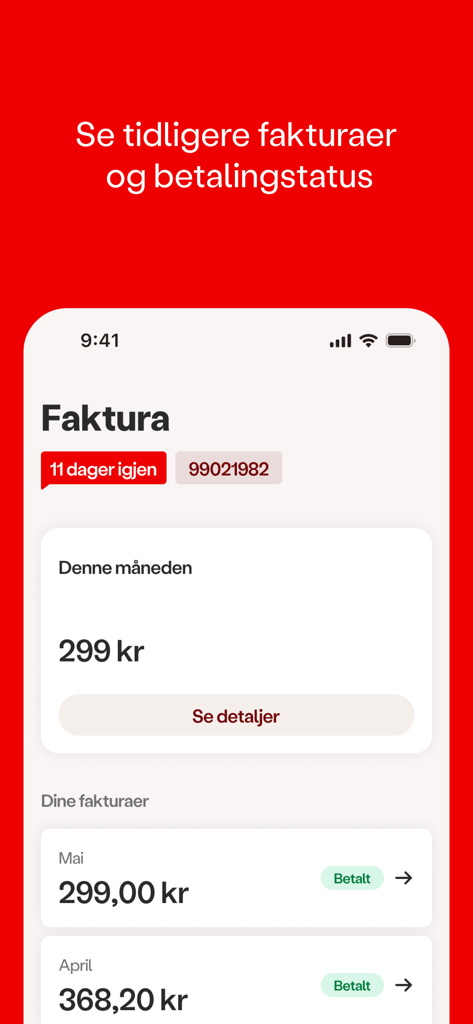 OneCall mobile app interface showing current monthly invoice and payment history for past months