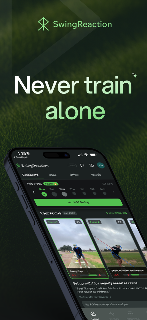 SwingReaction - SwingReaction app dashboard showing AI golf swing analysis and the slogan Never train alone