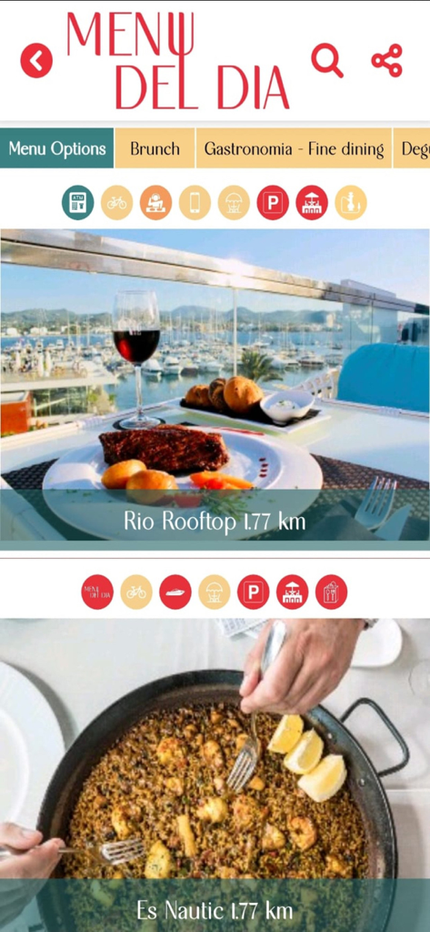 Interfaz de la aplicación Menú del Día mostrando listados de restaurantes con fotos de comida e información de distancia