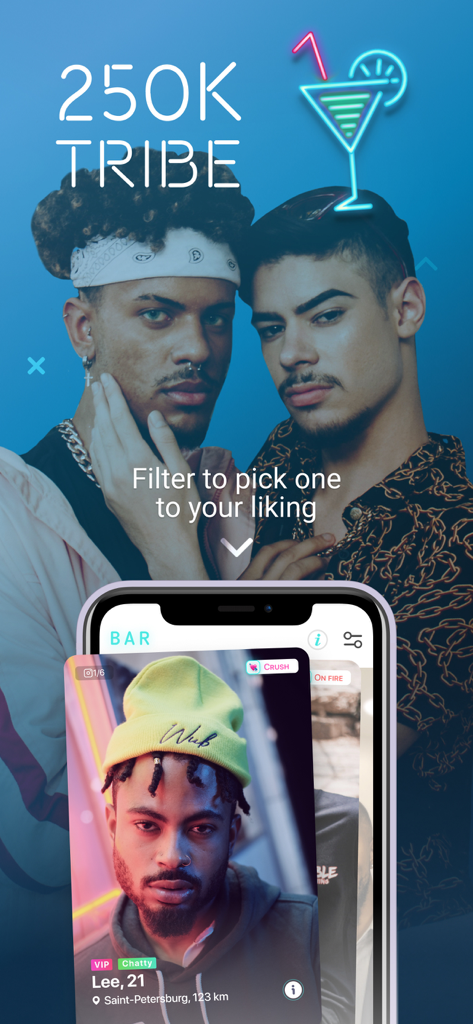 Chance - Gay, Lesbian Dating - Interface of the Chance gay dating app showing the Bar section with user profiles and a community count of 250K tribe