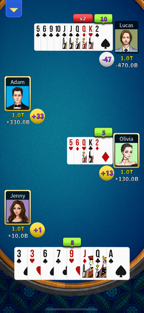 Big 2 Offline - KK Pusoy Dos - Gameplay screenshot of Big 2 Offline KK Pusoy Dos showing a four-player card match with avatars and point scores