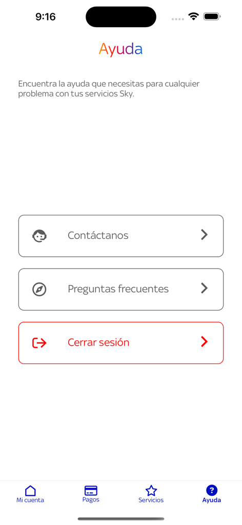The help menu interface of the App SKY mobile application