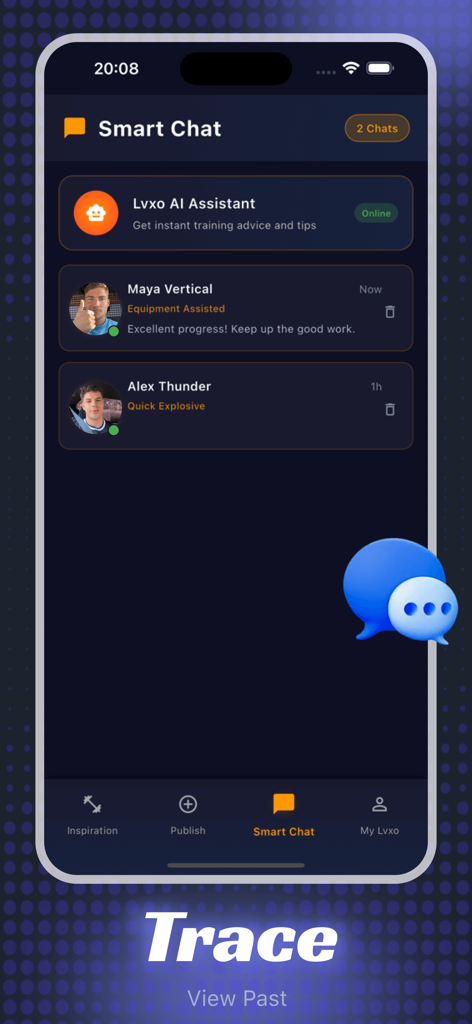 Lvxo - Exercise & Enjoy - Lvxo app smart chat interface showing training advice and messages from other athletes