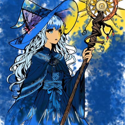 a realistic fantasy manga witch with a staff