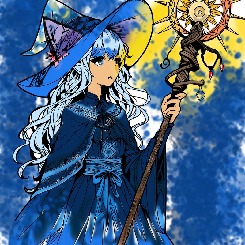 a realistic fantasy manga witch with a staff