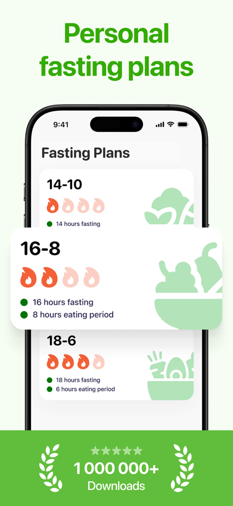 Intermittent Fasting Trackerㅤㅤ - Interfaz de planes de ayuno personalizados que muestra los protocolos 14-10, 16-8 y 18-6.