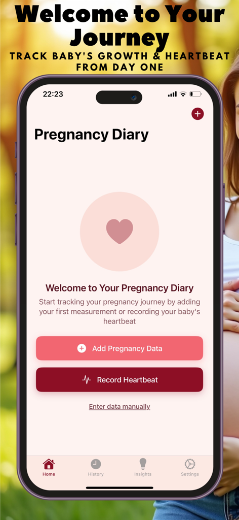 My Baby - Pregnancy Diary - Pantalla de bienvenida de la aplicación Mi Bebé - Diario de Embarazo que muestra opciones para rastrear el crecimiento del bebé y registrar los latidos del corazón