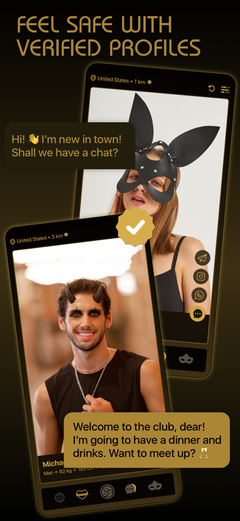 KINK People - BDSM Dating App - Two user profiles on the KINK People app with a gold verification badge and safety message.