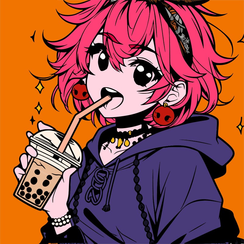 hot baddie anime girl drinking boba and biting the straw