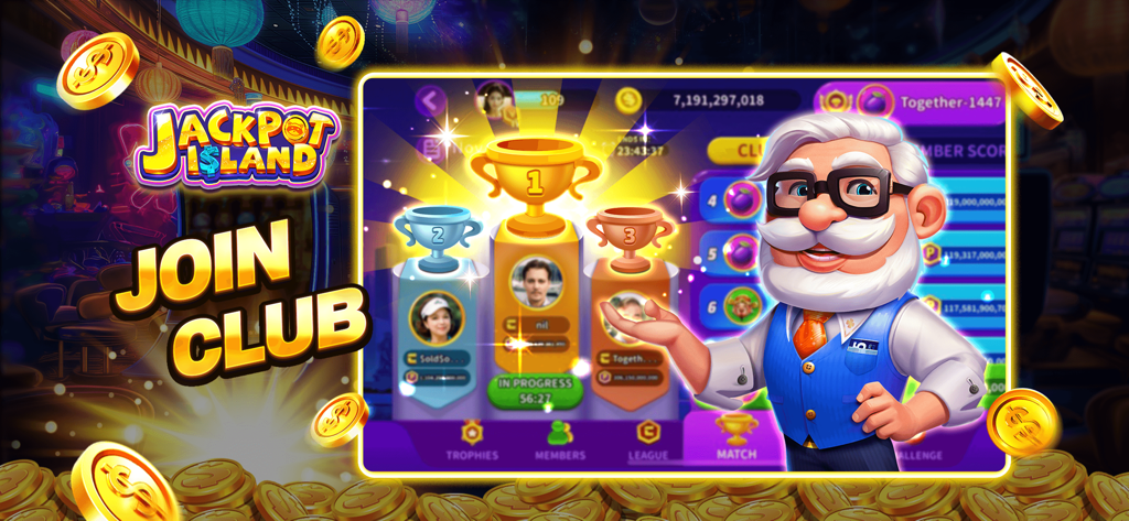 Jackpot Island - Slot Machines - Join club screen in Jackpot Island slots app showing league leaderboard with trophies and coins