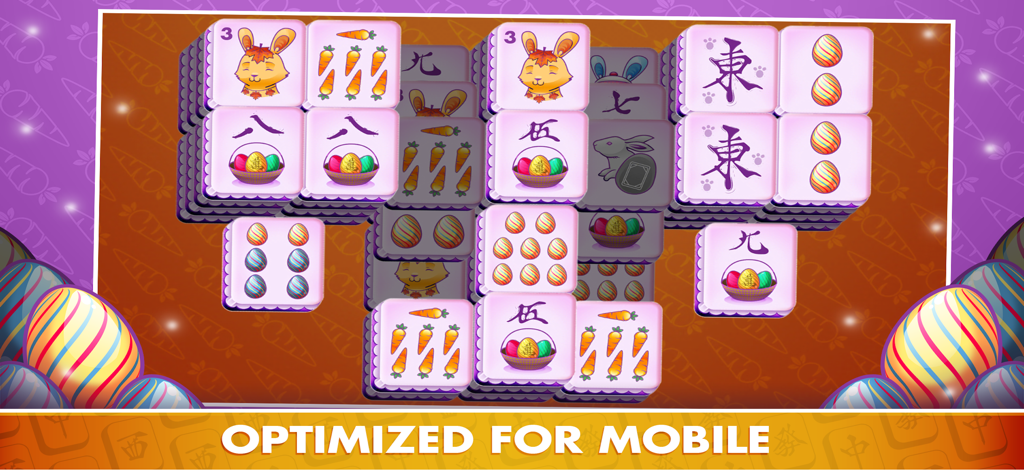 Shanghai Majong game interface showing Easter themed tiles with bunnies and eggs optimized for mobile display.