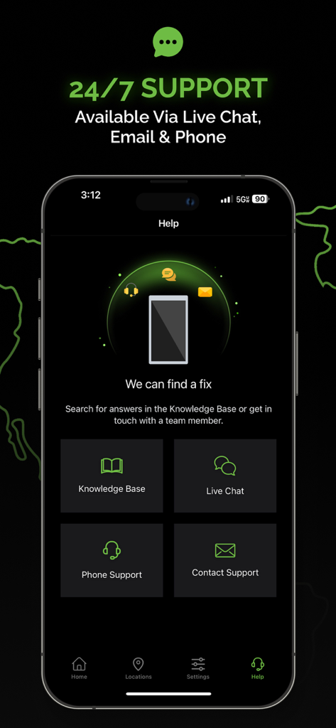 Tela de ajuda do aplicativo IPVanish exibindo opções de suporte ao cliente, incluindo chat ao vivo, telefone e base de conhecimento