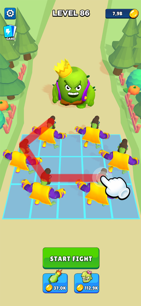 Merge Master: Idle Zombie War - A gameplay screenshot of Merge Master Idle Zombie War showing units being merged on a tactical grid before a battle