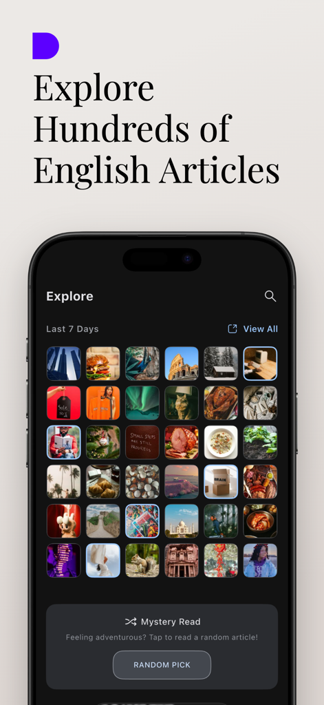 Onely: Advanced Vocab Builder - The explore screen of the Onely app showing a grid of diverse English articles and a random pick button.