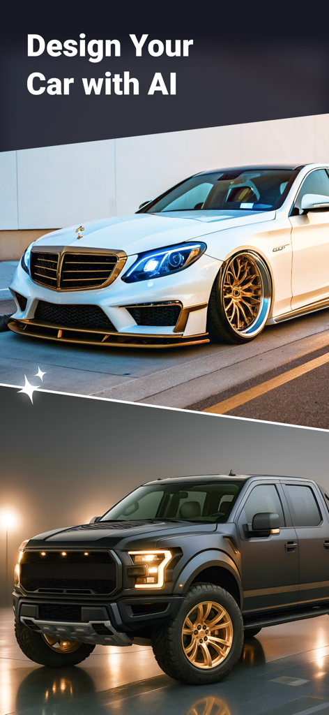 A white luxury sedan and a black pickup truck with custom gold rims designed using AI.