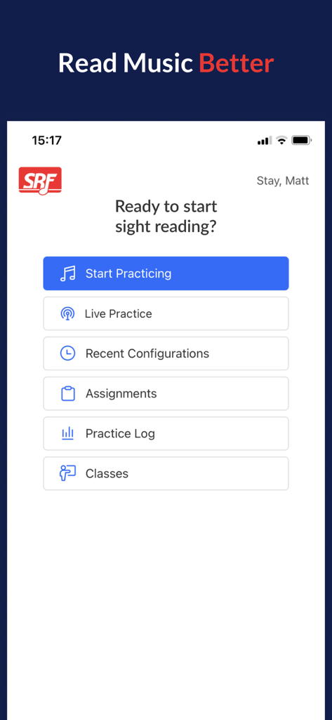 Sight Reading Factory - Main menu of the Sight Reading Factory app displaying options for practicing, assignments, and class management.