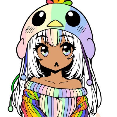anime girl with chick shaped hat with sweater with bare shoulders with bangs covering them one eye with low tail