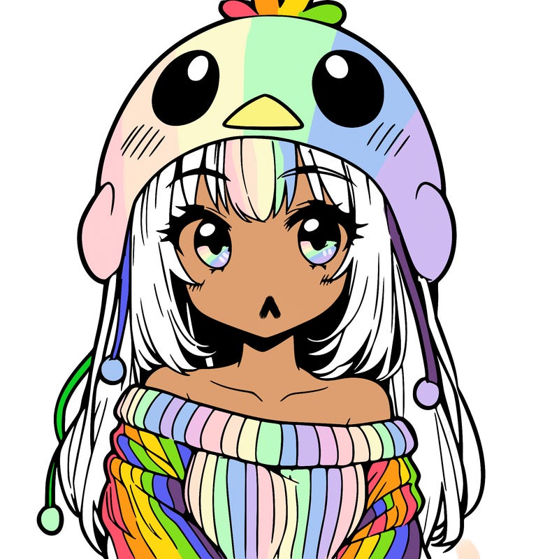 anime girl with chick shaped hat with sweater with bare shoulders with bangs covering them one eye with low tail