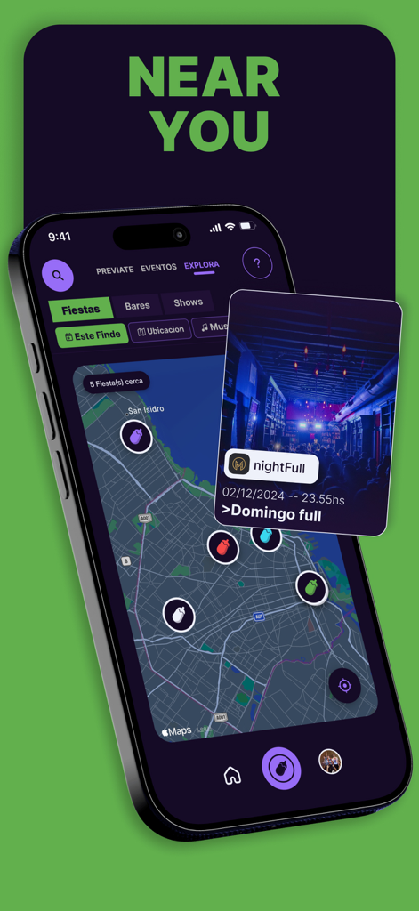 Previate Esta - Party Game - Map interface of the Previate Esta app showing nearby parties and nightlife events