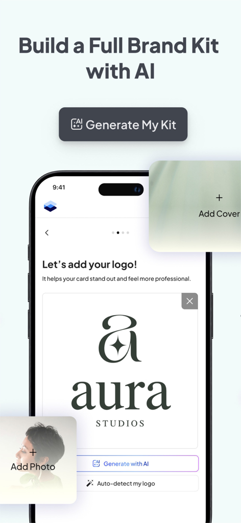 Fluer: Digital Business Card - Interfaccia dell'app Fluer che mostra la generazione di loghi AI e il brand kit builder con un design di logo professionale per Aura Studios