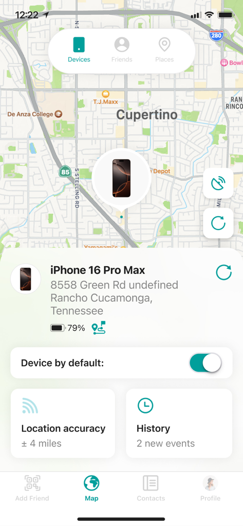 Find My Friends Phone - iMapp - iMapp app screen showing a tracked devices location on a map with battery and history details