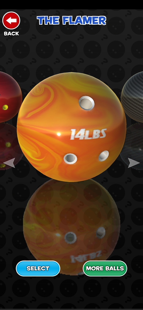 Pantalla de selección de bolas de Strike! Ten Pin Bowling mostrando una bola naranja y amarilla con remolinos llamada The Flamer