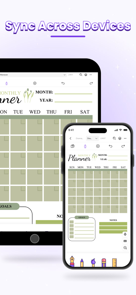 Scribly: Easy Note Taking - Scribly app showing a monthly planner synchronized between a tablet and a smartphone