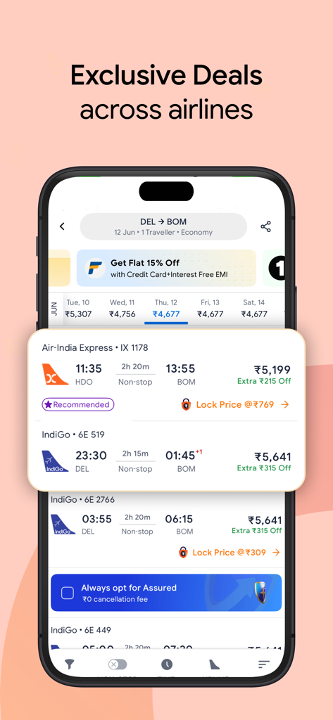 ixigo: Flight & Hotel Booking - Interface de l'application mobile ixigo montrant les résultats de recherche de vols et les offres exclusives des compagnies aériennes pour les voyages en Inde
