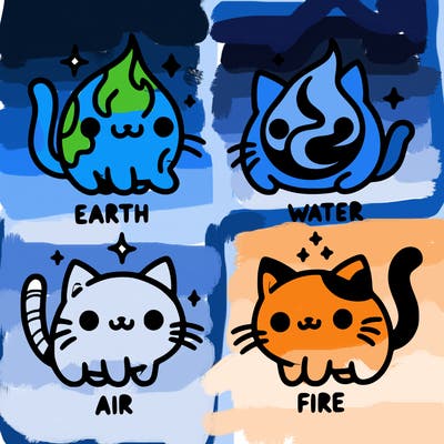 4 cats that represent the different elements, earth, water, air, and fire
