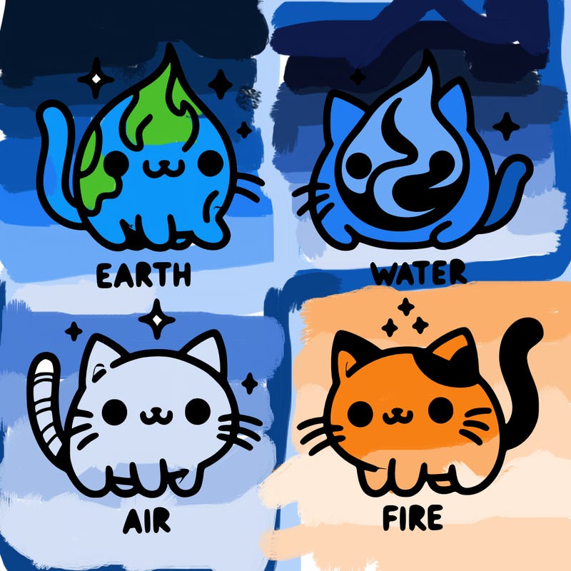 4 cats that represent the different elements, earth, water, air, and fire
