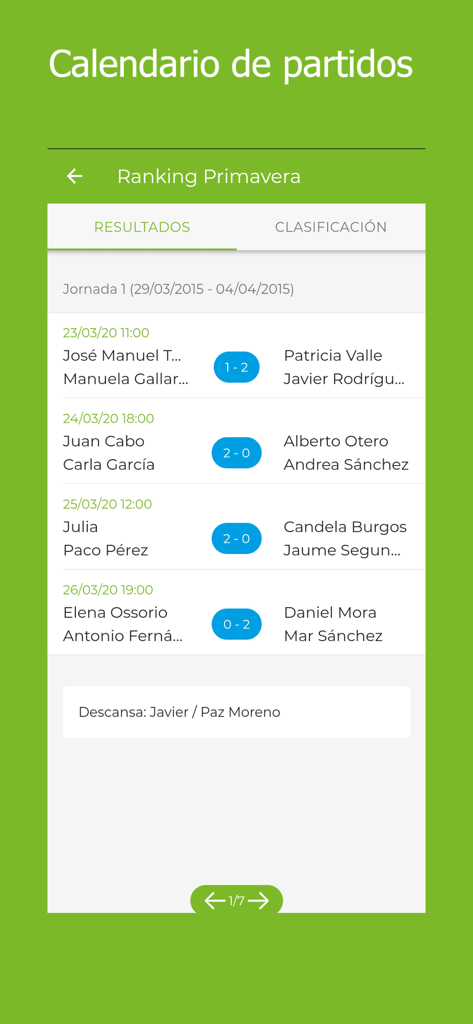 Xporty app screen displaying match results and scores for a sports ranking