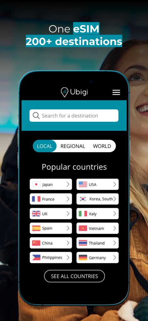 Interface de l'application mobile Ubigi affichant des destinations de voyage populaires pour les forfaits de données eSIM comme le Japon et les États-Unis