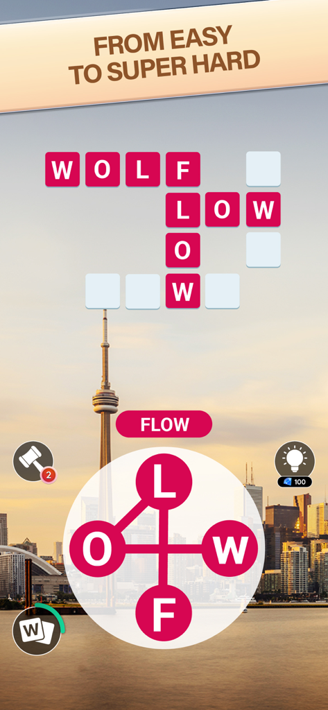 Word City: Connect Word Game - Gameplay von Word City Connect, das ein Wortsuchrätsel mit einem städtischen Skyline-Hintergrund zeigt