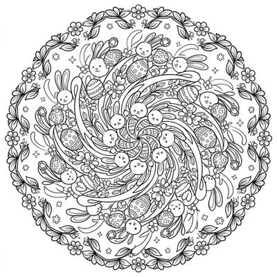 Dive into a whirlwind of Easter joy with this enchanting Tornado Mandala coloring page, featuring an intricate design of cheerful bunnies, decorated eggs, and blooming spring flowers. This unique circular pattern promises a delightful and engaging artistic experience for all ages.