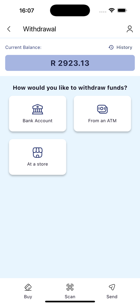 Instapay Chips - InstaPay Chipsアプリの出金画面。銀行口座への出金、ATMでの出金、店舗での出金オプションが表示されています。