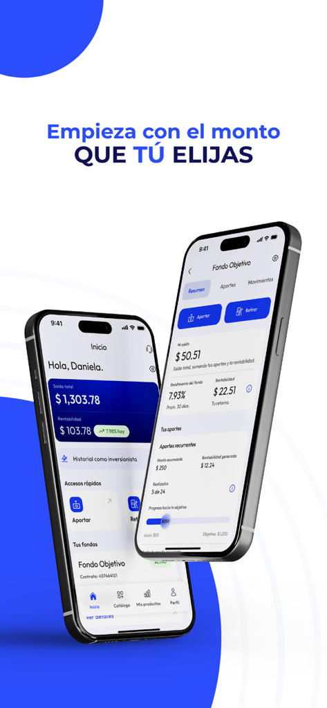 Investo - Two iPhones displaying the Investo finance app interface in Spanish with text about choosing investment amounts.