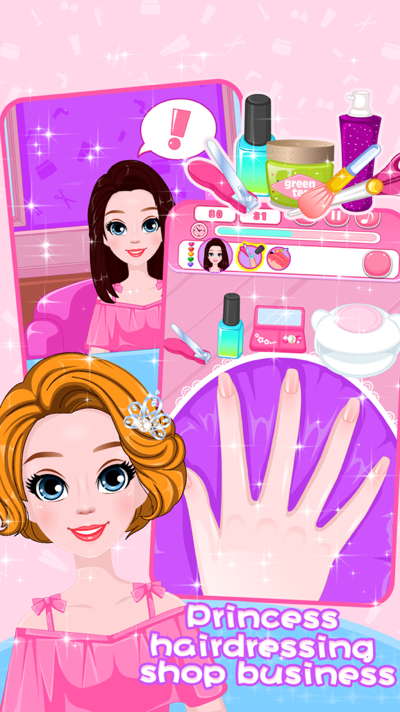 Princess Deluxe Beauty Salon - Girls Makeup Games - プリンセスデラックスビューティーサロンでマニキュアとヘアスタイルを受けている女の子