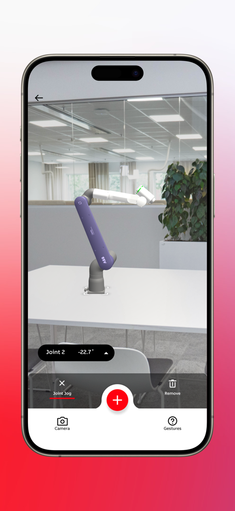RobotStudio® AR Viewer - ABB collaborative robot visualized in augmented reality with joint jog control interface on a mobile device