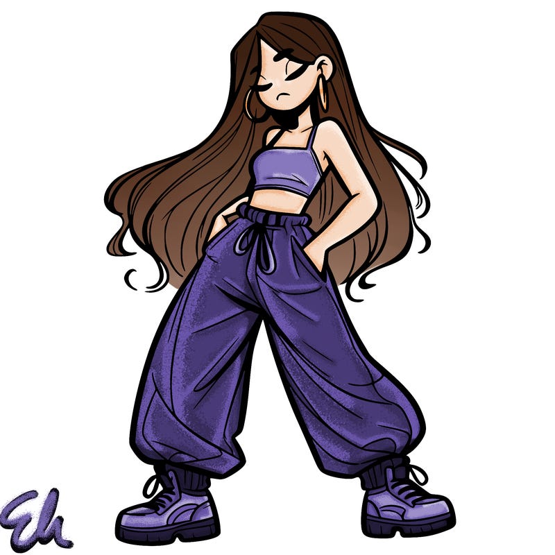 girl in baggy pants crop top and long hair