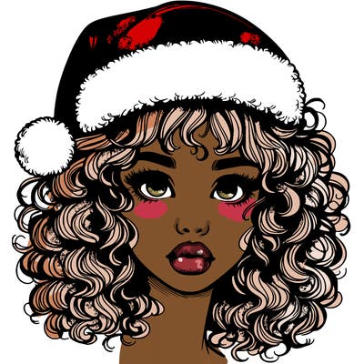 realistic girl with a santa hat curly hair and lips