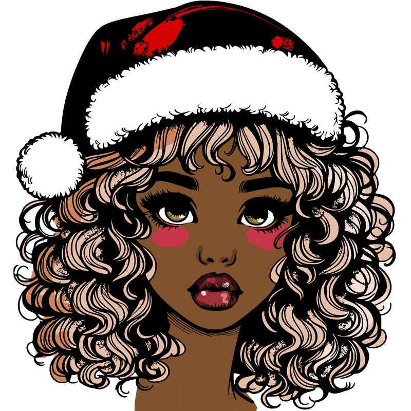 realistic girl with a santa hat curly hair and lips