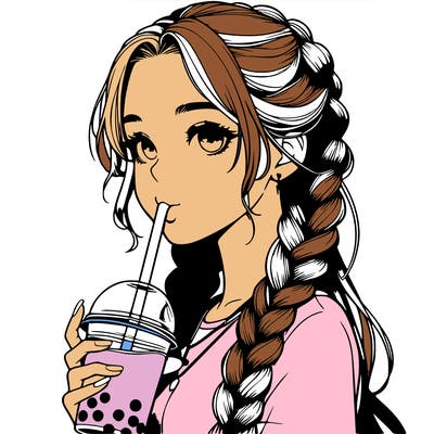 realistic girl with braided hair drinking boba