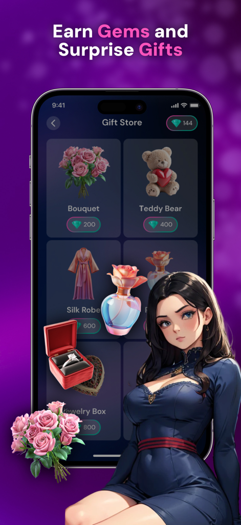 X.O: AI Girlfriend & Boyfriend - In-app gift store interface for X.O AI Girlfriend and Boyfriend featuring digital gifts like flowers and jewelry