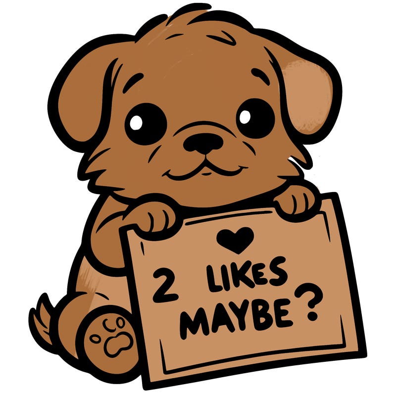 a puppy holding a sign that says 2 likes maybe?