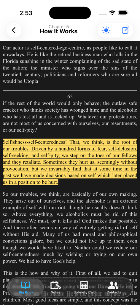 12 Steps Companion AA Big Book - The Big Book reader in the 12 Steps Companion app showing highlighted text from Chapter 5 in dark mode.