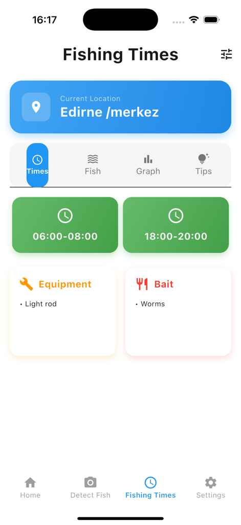Fish Finder AI:Catch Time - Interface of the Fish Finder AI app showing best fishing times, equipment, and bait recommendations.