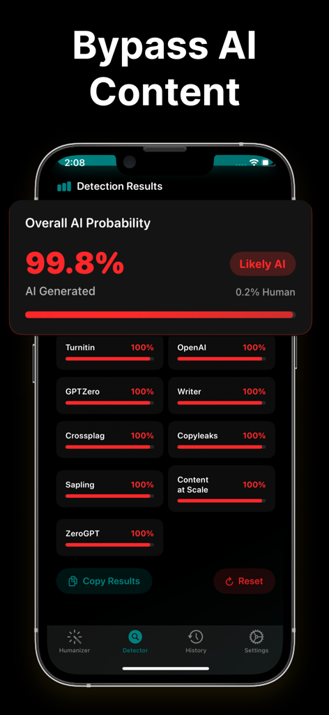 AI Humanizer - Paraphrase Tool - Interfaz de detección de IA que muestra una alta probabilidad de contenido generado por IA con resultados para Turnitin y GPTZero.