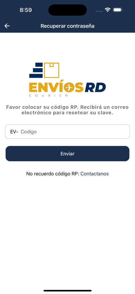 Passwort-Wiederherstellungsbildschirm in der Envios RD App, der nach einem RP-Code fragt.